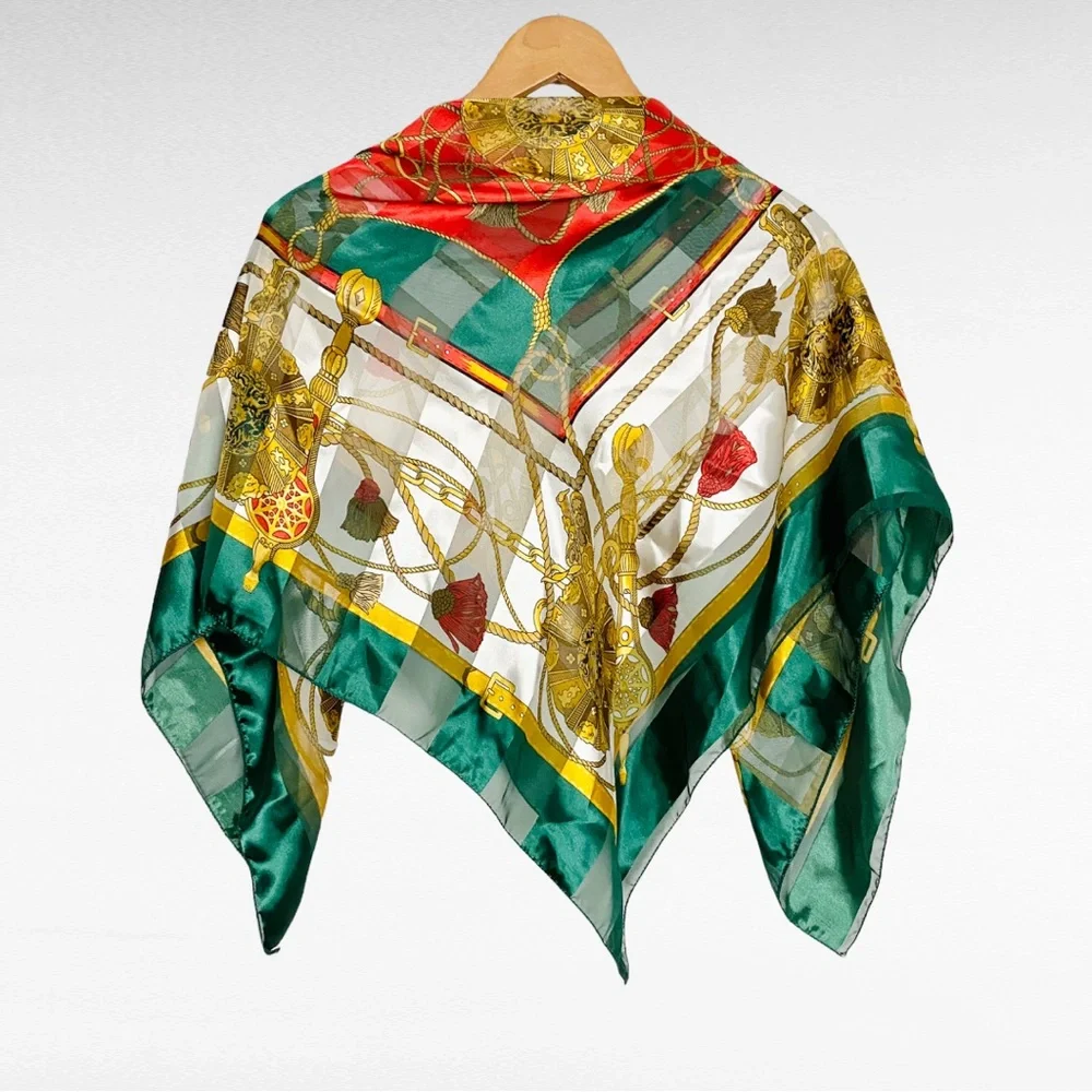 VINTAGE | 1980’s Multicolored Green Satin Square Medallions Tassels Scarf